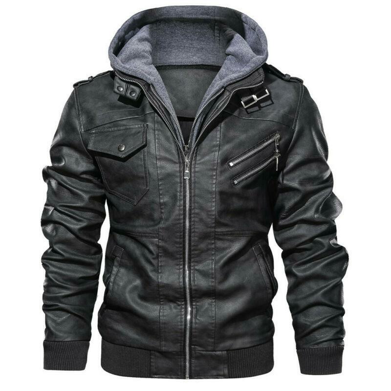 Outwear Faux Leather Jacket Hooded Motorcycle Coat Biker