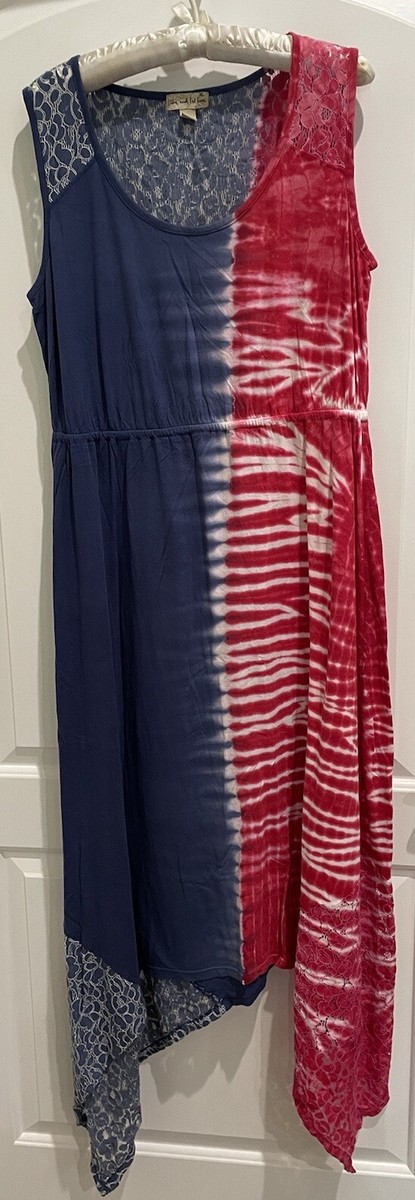 red white and blue tie dye dress Opulessa Red White And Blue Summer Boho Vacation Tie-Dye Maxi Dress,Fitted Knot Design Mermaid Hemline Ibiza Long Beach Resort Wear