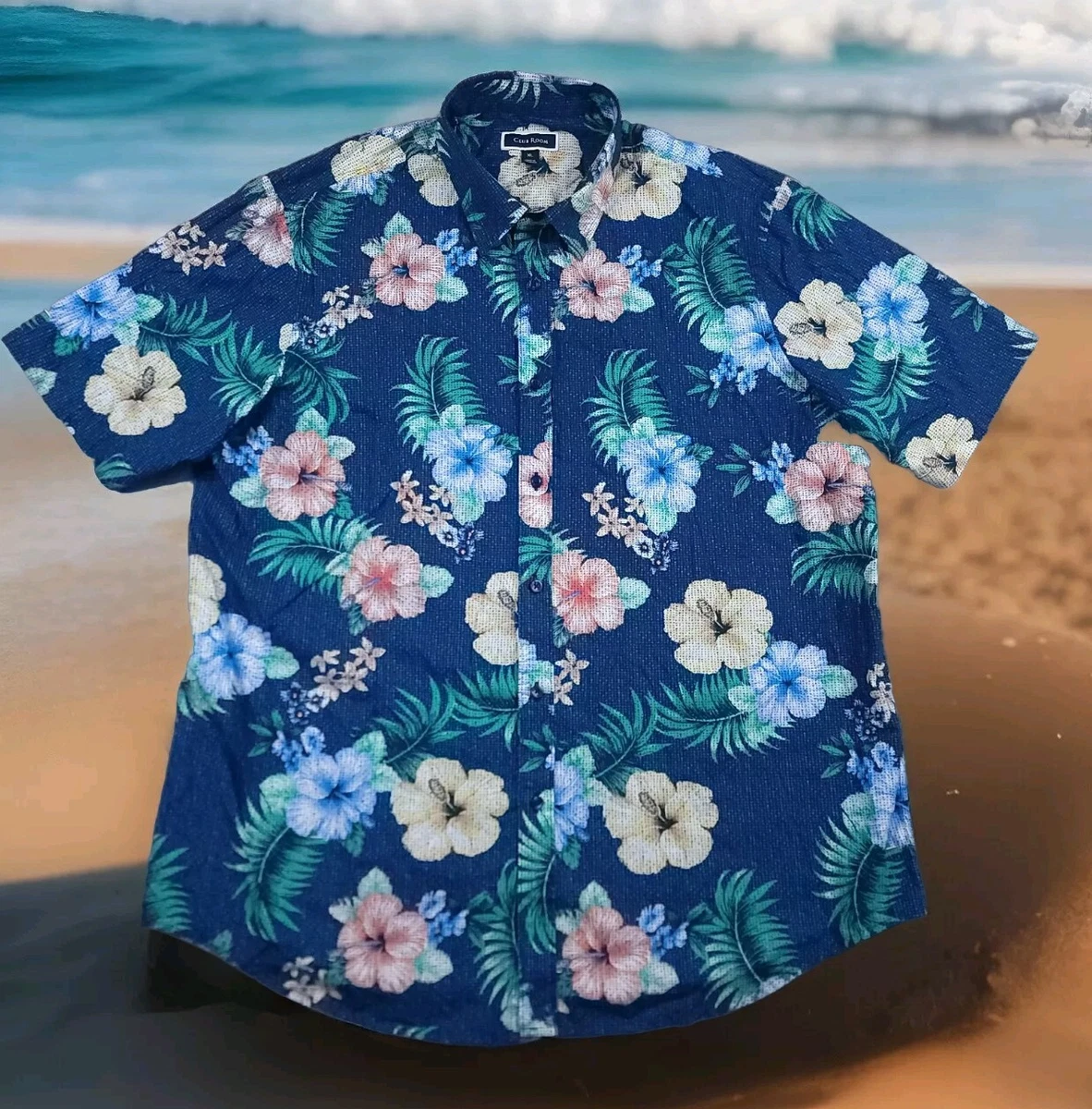V.H.O. Funky Hawaiian Shirt, Big Flower, Blu, XL