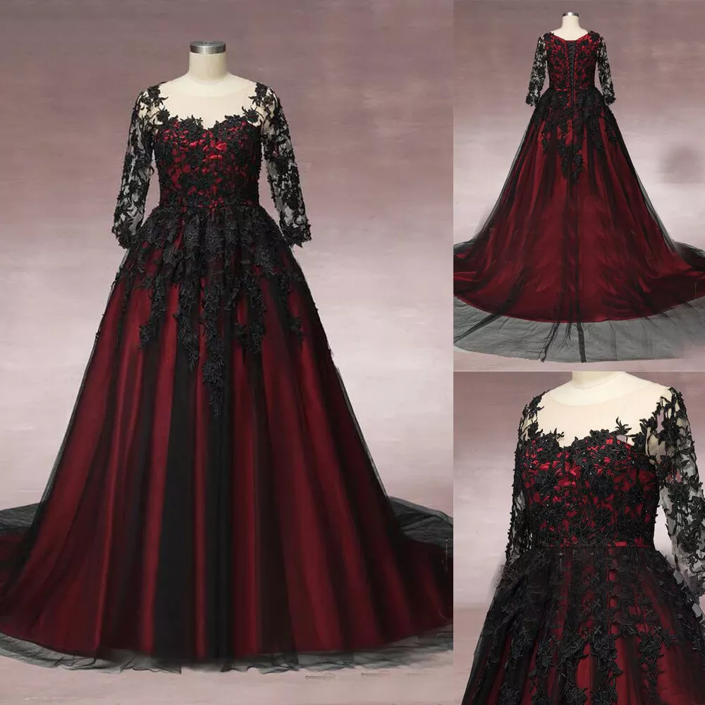 Gothic Black And Burgundy Wedding Dresses Long Sleeves Lace Applique Bridal  Gown