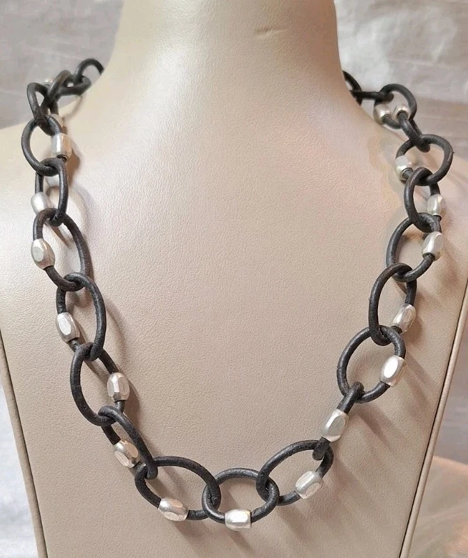 Collar de cadena de cuero de colección y pulsera a juego 2 piezas acento plateado punk rock Foto 2 de 4