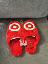 Wondershop Target Bullseye Slippers Women s S/M 5/6 Red White Fuzzy NWT
