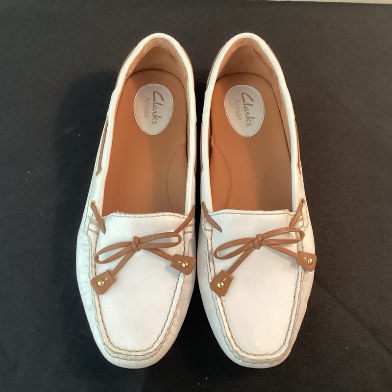 Clarks Artisan Womens Shoes Size 8 White Leather Driving Slip On Loafers Bow