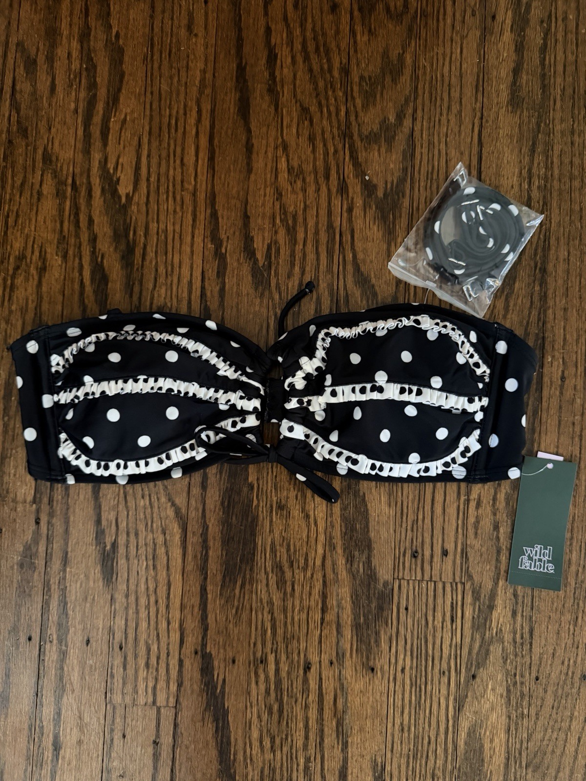 Women's Wild Fable Black & Cream Polka Dot Ruffle Bandeau Bikini Top Large NWT