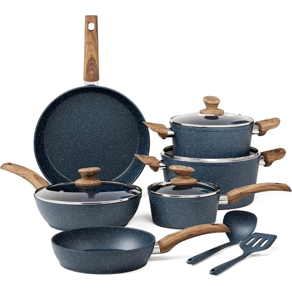 KITCHEN ACADEMY 12 Pieces Pots & Pans Set Kitchen Nonstick Cookware Set Granite Coated with Lids