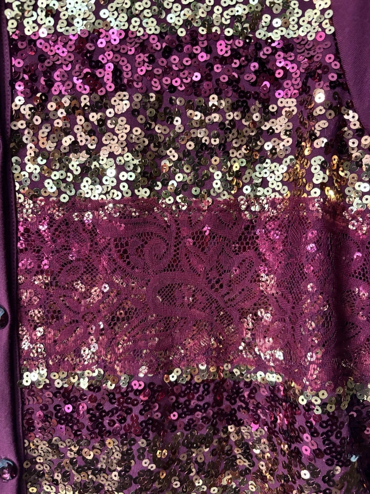Quacker Factory Sequin Cardigan Size L  Burgundy Gold Striped Lace - Image 4 of 4