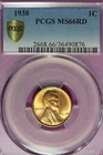 1938 PCGS MS66RD LINCOLN WHEAT CENT #B52333