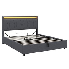 Upholstered Ottoman Storage Bed Frame Double with Storage Headboard & LED, Grey