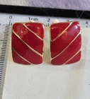 Vintage gold red enamel designer runway clip on earrings Costume Jewelry