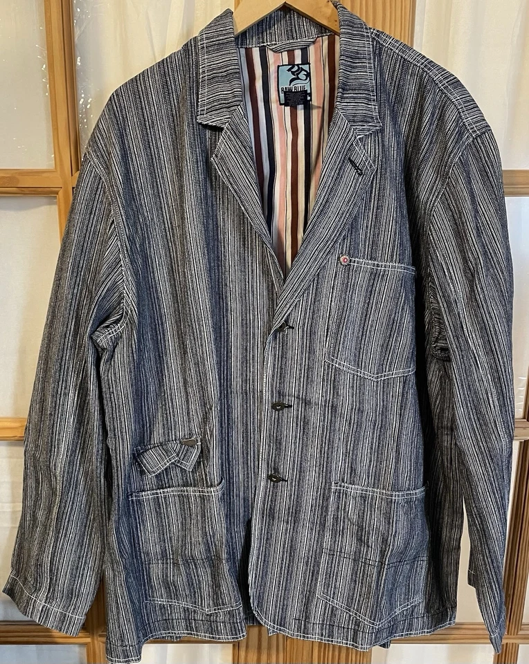 80s Raw Blue Denim Blazer Sports Jacket Mens 2XL Blue White Stripes Athleisure - Image 2 of 4