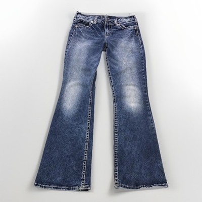 Vtg Y2K Silver Mid Boot Suki Embroidered Denim Jeans Womens 29x31