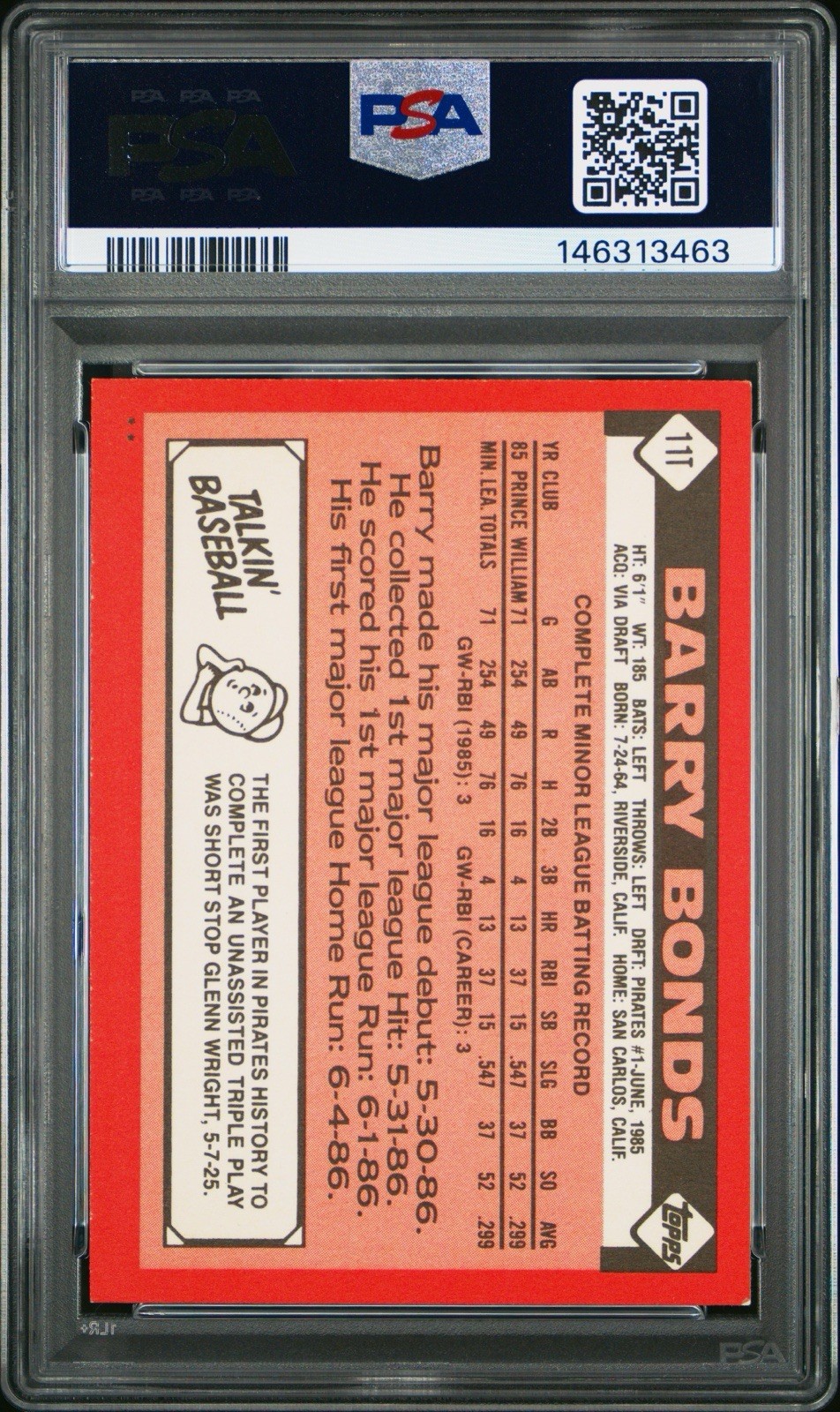 1986 Topps Traded BARRY BONDS #11T Rookie PSA 7 view 2
