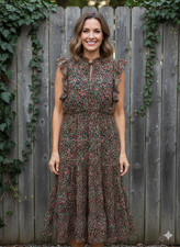 BB Dakota Steve Madden Midi Dress Women Medium Dark Floral Tiered Lined Prairie
