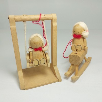 Vintage Handmade Pair of Wooden Christmas Ornaments Swing & Rocking Horse