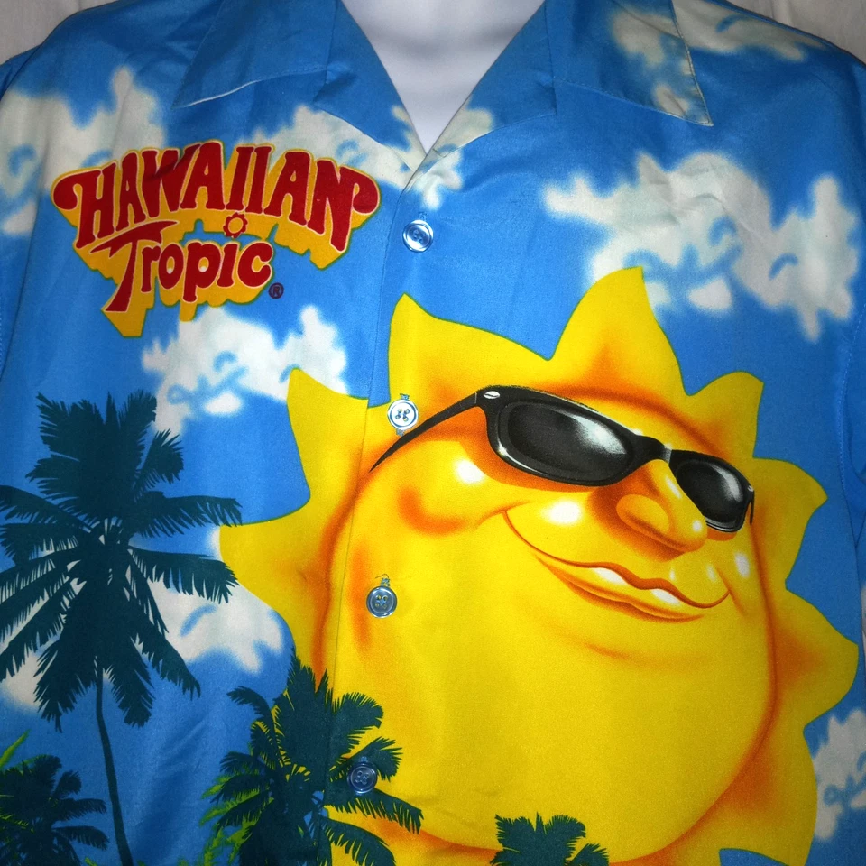 Hawaiian Tropic Beach Wear Tanning Lotion Suntan Yellow Button Down Size L - Image 2 of 4