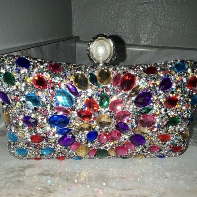 Multicolor Rhinestone Crystal Pearl Clutch with Silver Chain Strap for Women