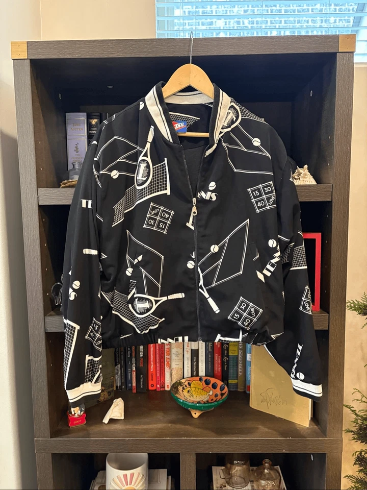 Vintage Tail 90s Black & White Tennis Novelty Printed Windbreaker Jacket Medium - Image 2 of 4