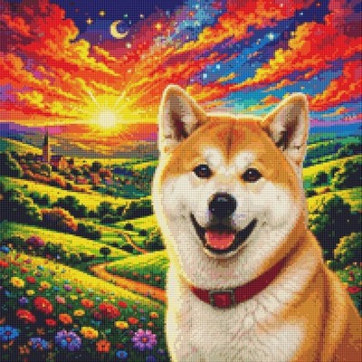 Akita Welpe Hund: Sommerglück. Kreuzstich gezählt