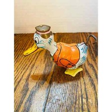 Vintage Tin Litho Wind-Up White Duck Wadding Toy very colorful J Chein USA