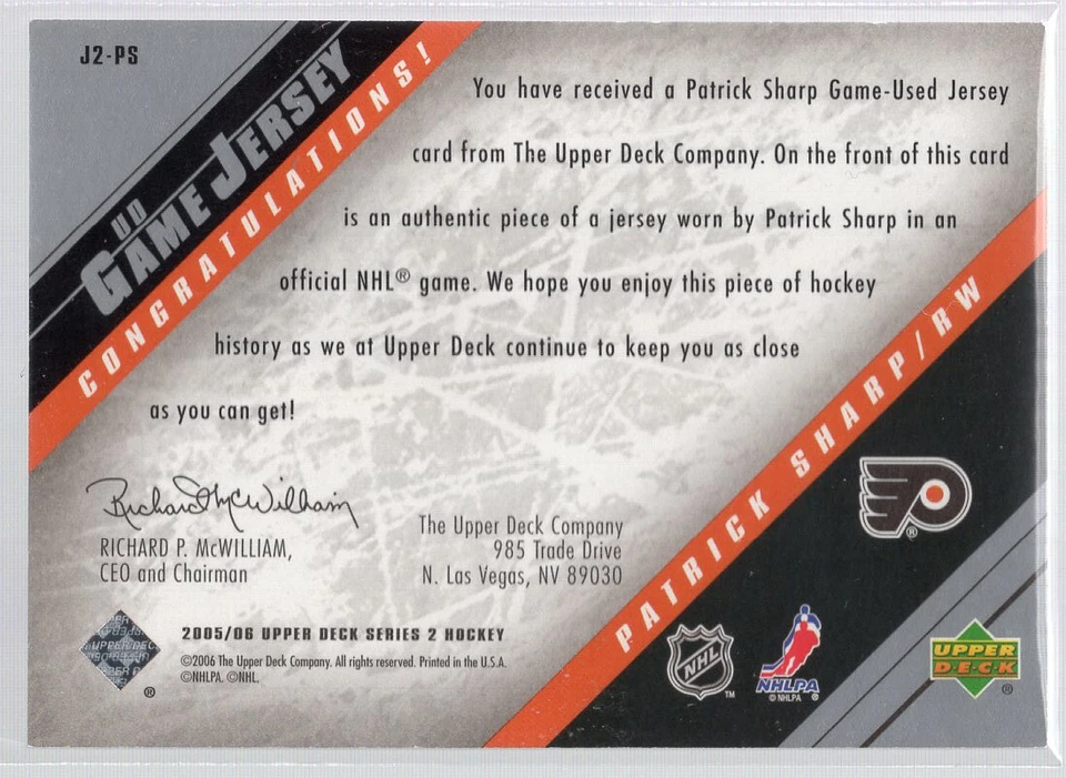* 2005-06 Upper Deck - Game Jersey #J2-PS - PATRICK SHARP - Image 2 of 2