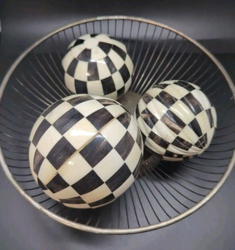 3 bolas decorativas con incrustaciones a cuadros de diseño Indus negras blancas/marfil orgánicas de 3-4" - Imagen 10 de 10