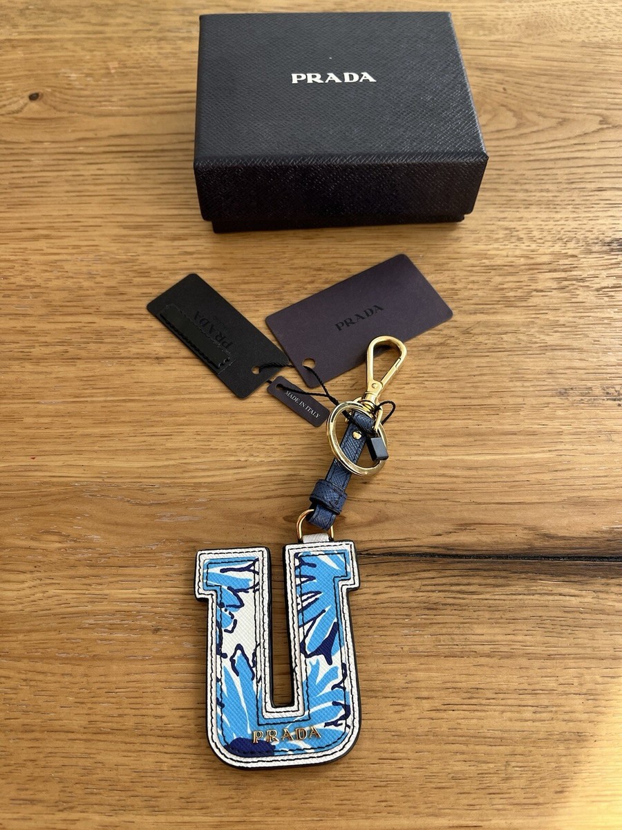 Prada Key Chain U Letter Tag Saffiano Leather Blue Split Key Ring