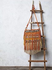Free People Leather Suede Multicolored Fringe Aztec Beaded Sundown Crossbody Bag