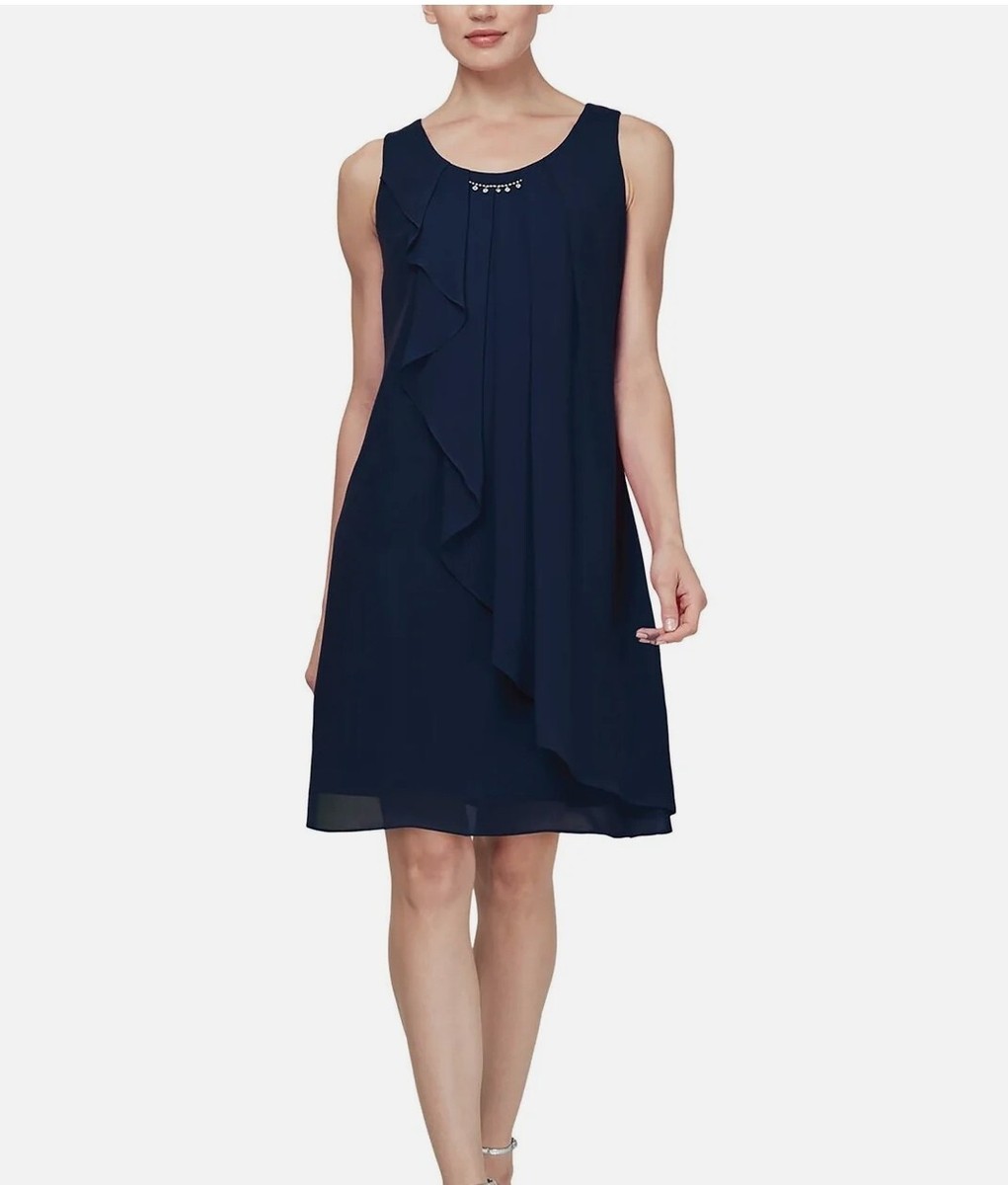 SLNY Women's Teal Tiered Chiffon Sleeveless Cocktail Dress Sz 12 Navy Blue  NWT