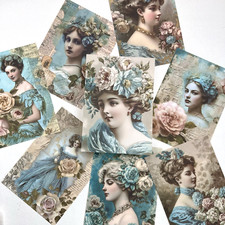 Elegant Blue Flower Ladies Paper Sheets Scrapbook Collage Junk Journal