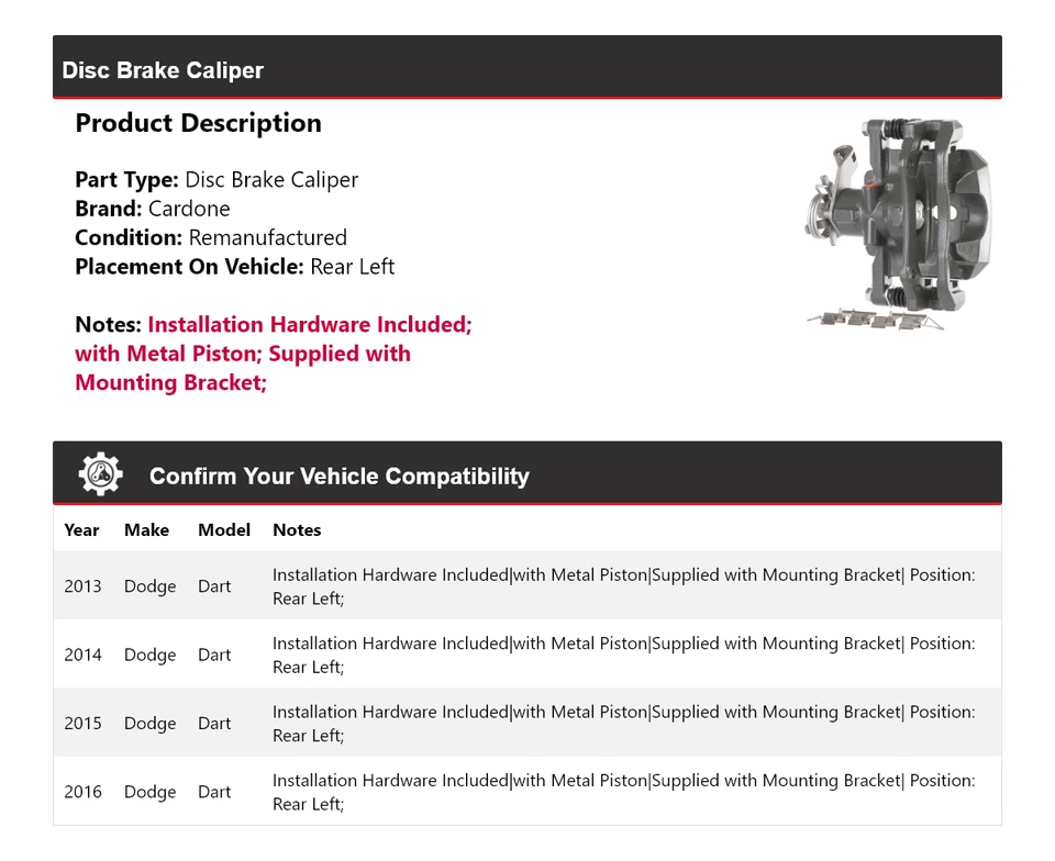 Pinza de freno de disco trasera izquierda Cardone 2014 2015 para Dodge Dart 2013-2016 Foto 2 de 4