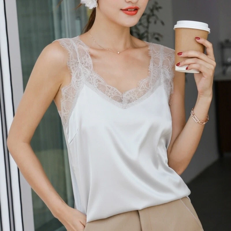 Women Satin Lace Vest Tank Top Faux Silk Spaghetti Strap Cami Slip V Neck