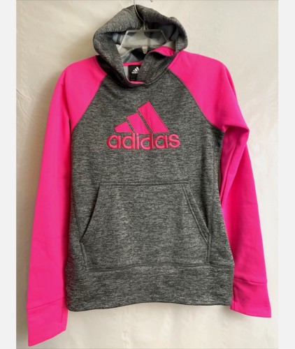 ADIDAS GRILS HOODIE FRONT LOGO AND POCKET (NEON PINK GRAY SMALL 7/8)NWT - Picture 1 of 4