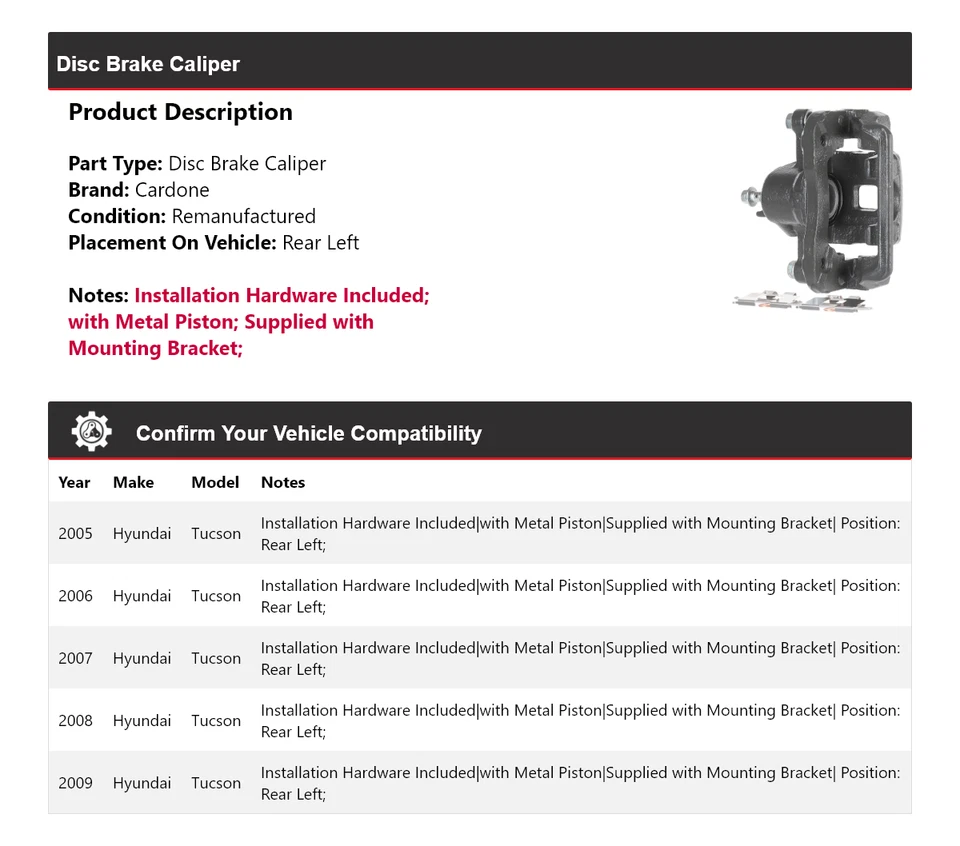 Pinza de freno de disco trasera izquierda cardone 2006 2007 2008 Hyundai Tucson 2005-2009 Foto 2 de 4