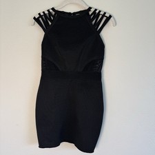 Bebe Black Vintage Bandage Dress Zip Closure Caged Back Design Bodycon Size SP
