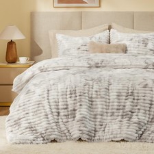 Fleece Queen Comforter Set, Fluffy Bed Set, Grey White