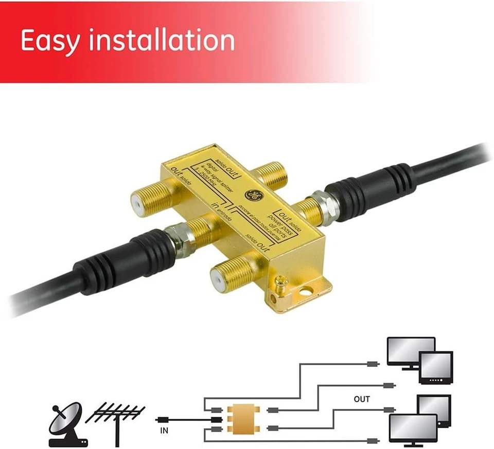 GE Digital 4 路同轴电缆分配器,2.5 GHz 5-2500 MHz, RG6 兼容 — 第 2/4 张图片