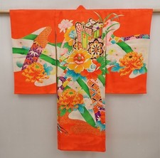 6520T02z350 Vintage Japanese Kimono Silk Girl's Peony Tomato red