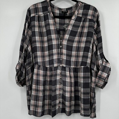 Torrid 3X Black Pink Plaid Rayon Twill Babydoll Button Front Tunic Top Soft Goth