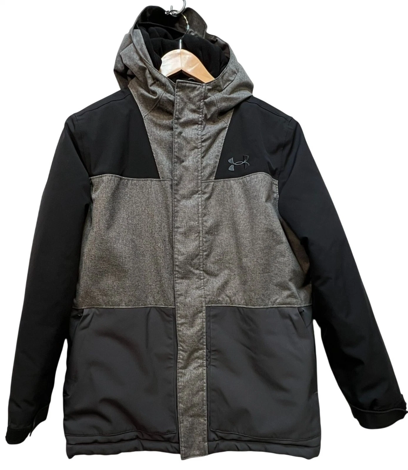 Under Armour Youth ColdGear Insulated Hooded Jacket Long Sleeve Sz L Black Gray