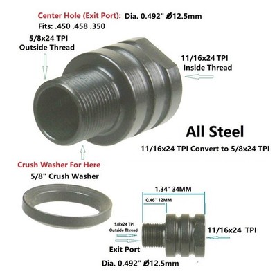 11/16x24 TPI Female to 5/8x24 TPI Male Muzzle Brake Thread Convertor Adapter