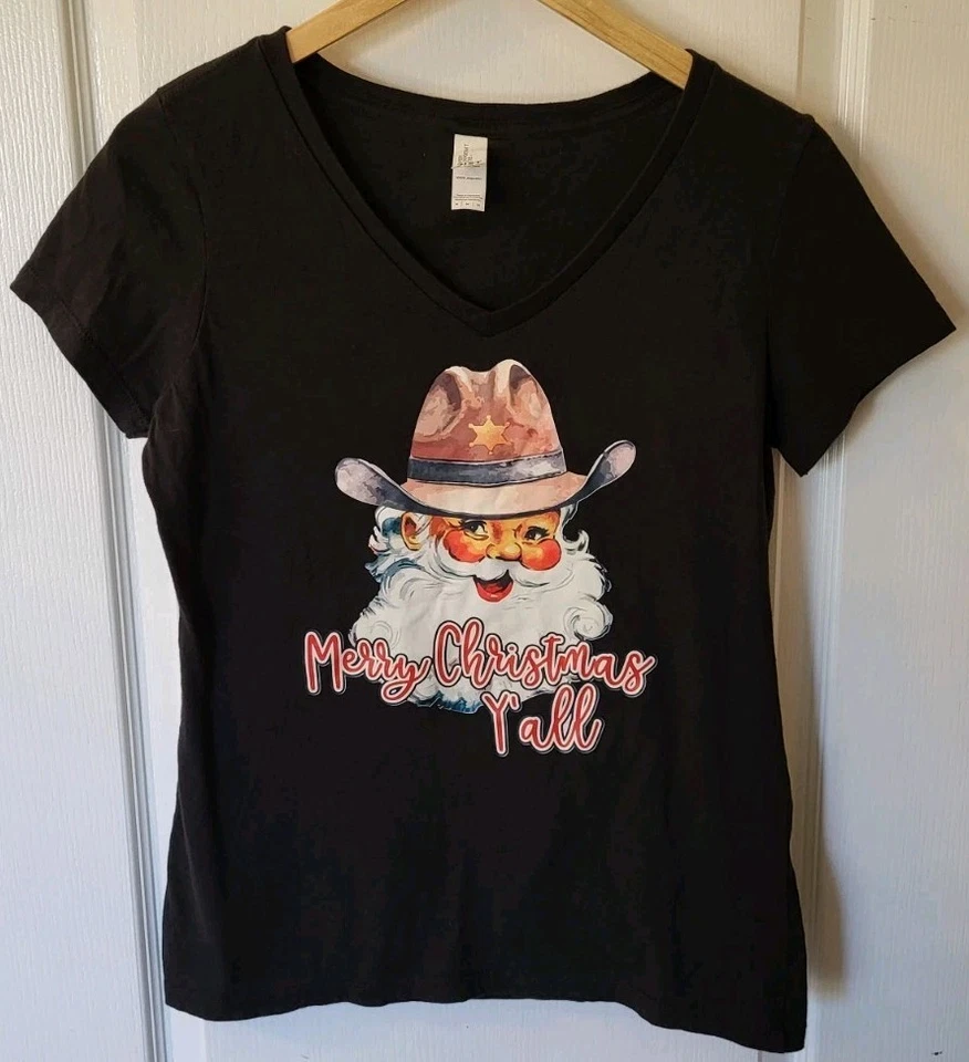 Camiseta para mujer District talla M Feliz Navidad Y'all vaquero Santa Texas Western  Foto 2 de 4