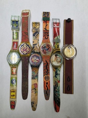 Vintage Lot of 6 1990s Swatch Watches Patterned Band Collectors 