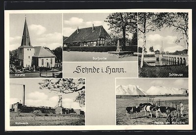 Sehnde i. Hann., Kaliwerk, Schleuse, Kirche, Ansichtskarte 1956 