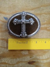 Silver Toned Cross And Rhinestone Belt Buckle
