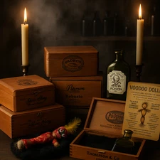 Vintage Halloween Prop Lot  Spooky Wooden Boxes with Voodoo Doll & Potion