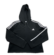 adidas Women s Primegreen Pullover Hoodie Black White Crew Neck Logo Striped L