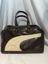 Vintage PUMA Brown Beige Vinyl Weekender Duffle Bag Retro 70s Logo Travel Gym