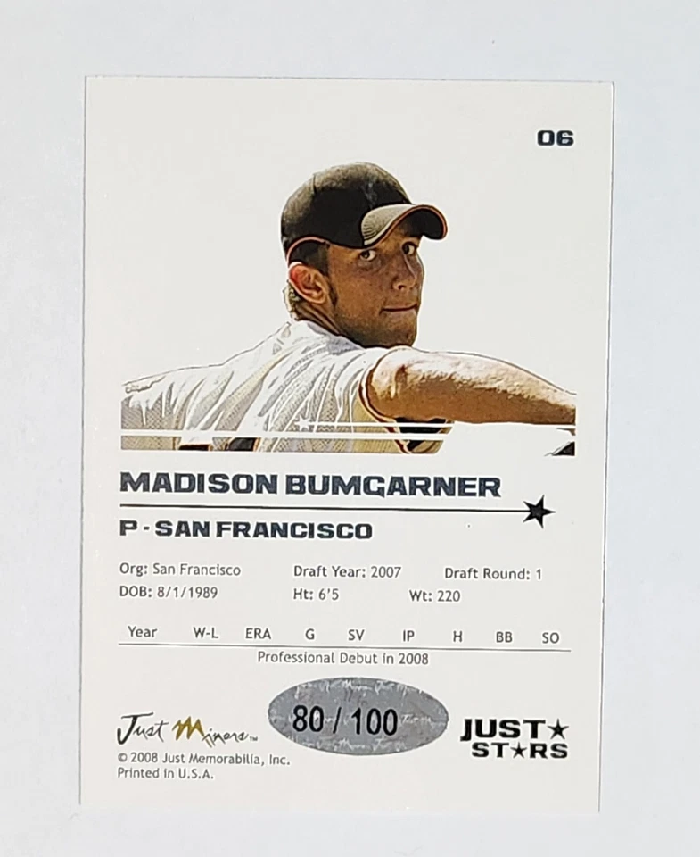 2008 Just Minors MADISON BUMGARNER AUTOGRAPH #'d /100 VERY RARE! - Image 2 of 2