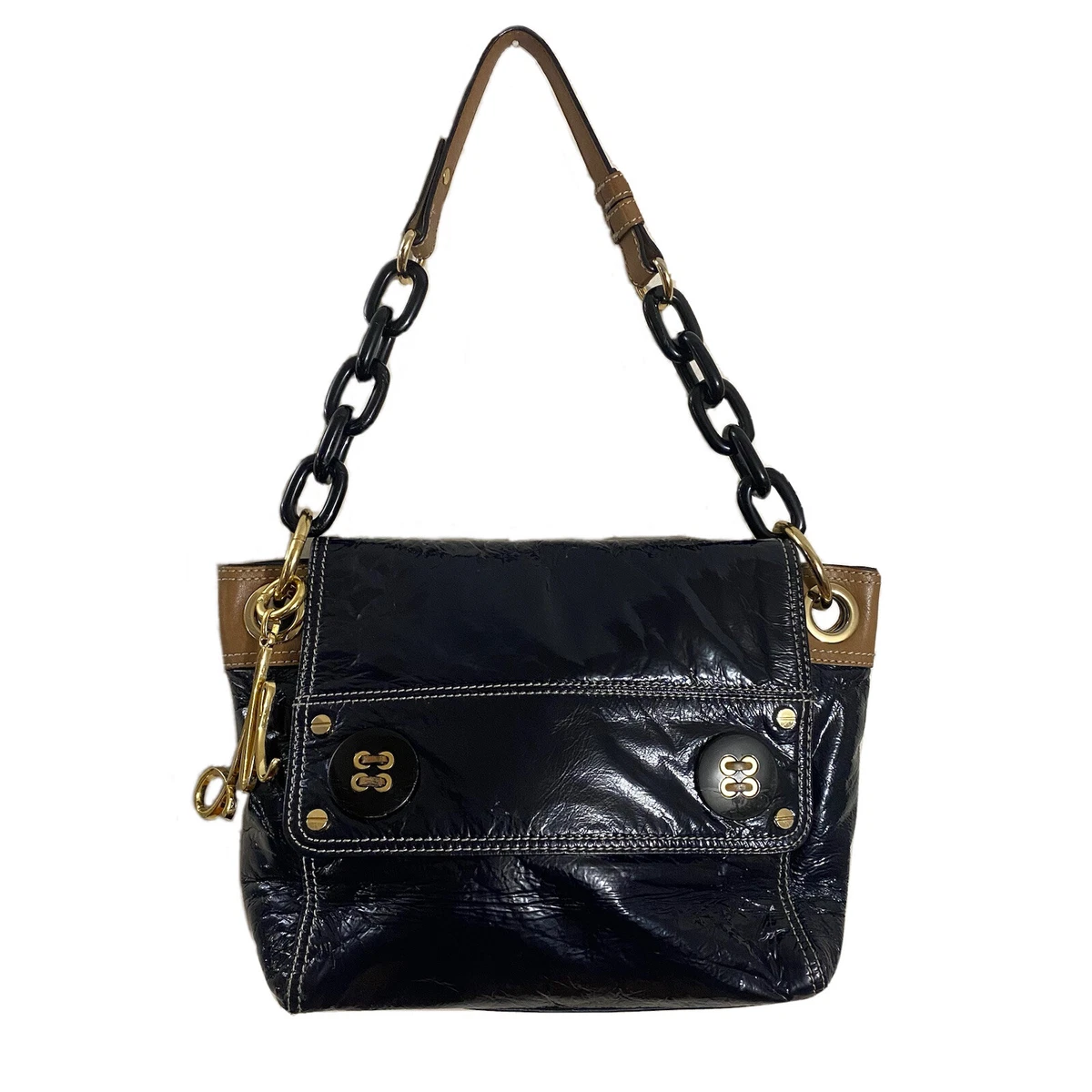 Milly of NY navy blue and tan patent leather shoulder bag w/ plastic chain  strap