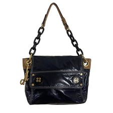 Milly Of Ny Navy Blue And Tan Patent Leather Shoulder Bag W/ Plastic Chain Strap